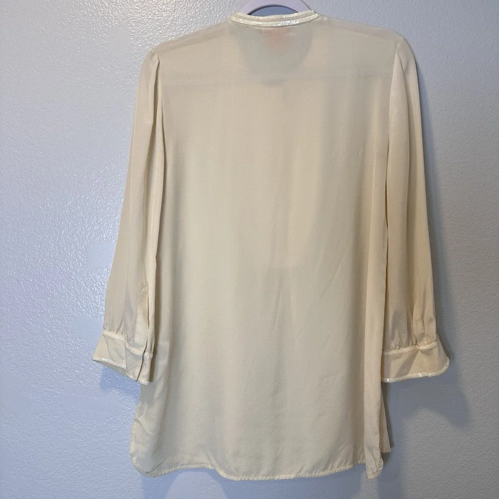 Tory Burch Size-8 Silk Embellished  Blouse 3/4 Sleeve Top‎ Ivory